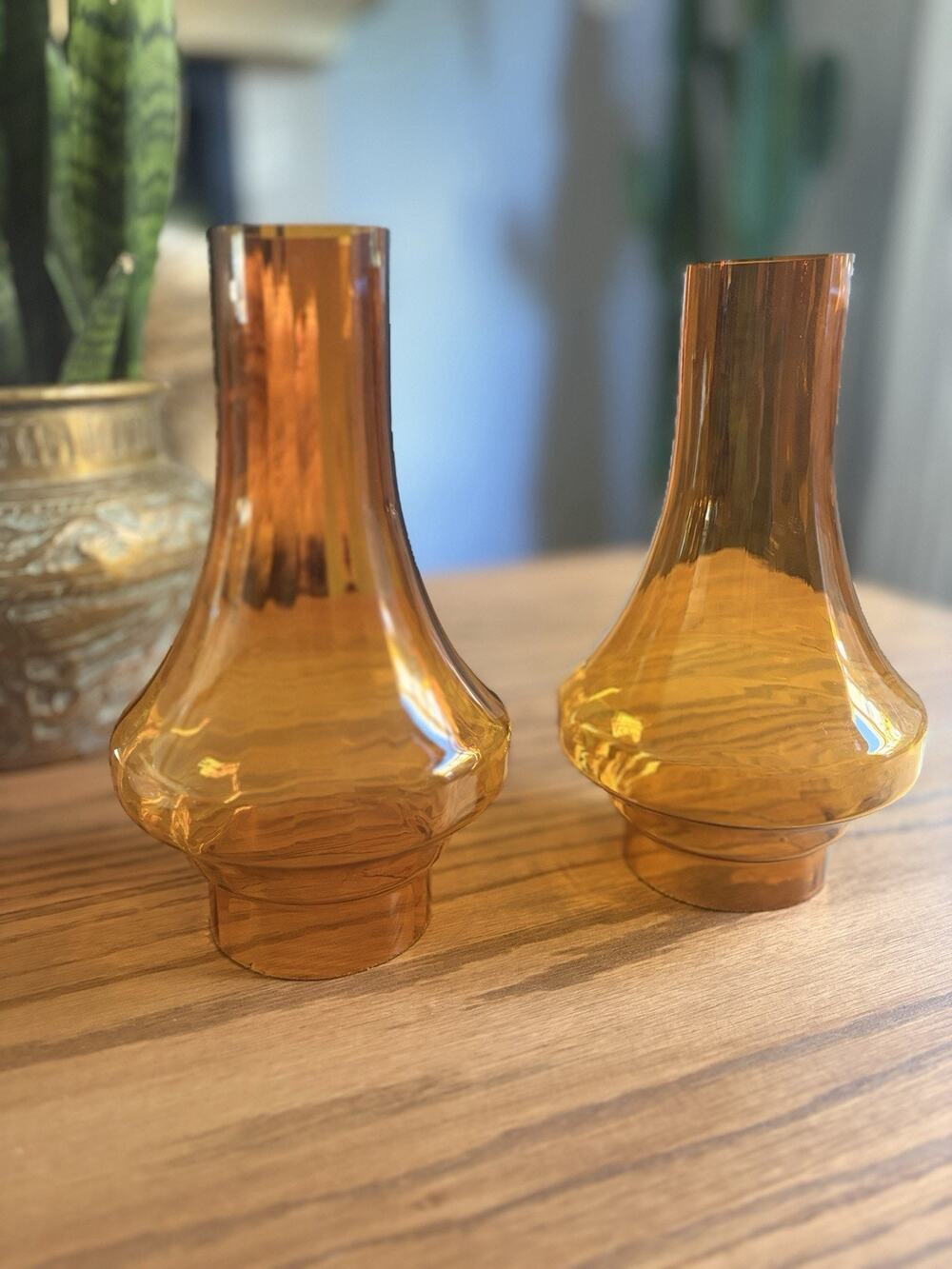 Vintage Midcentury Amber Glass Oil Lamp Hurricane Chimneys Lamp Shade Set Of 2